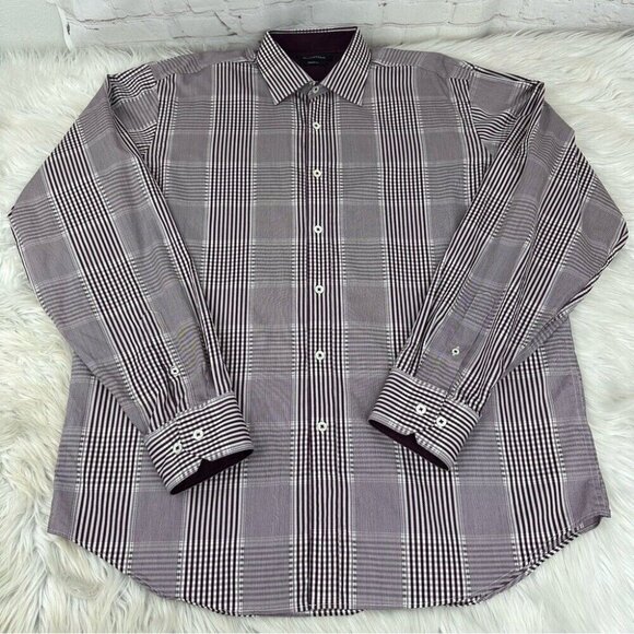 Bugatchi Men’s Purple White Classic Fit Plaid Button Down Dress Shirt L/C50 - Picture 2 of 12